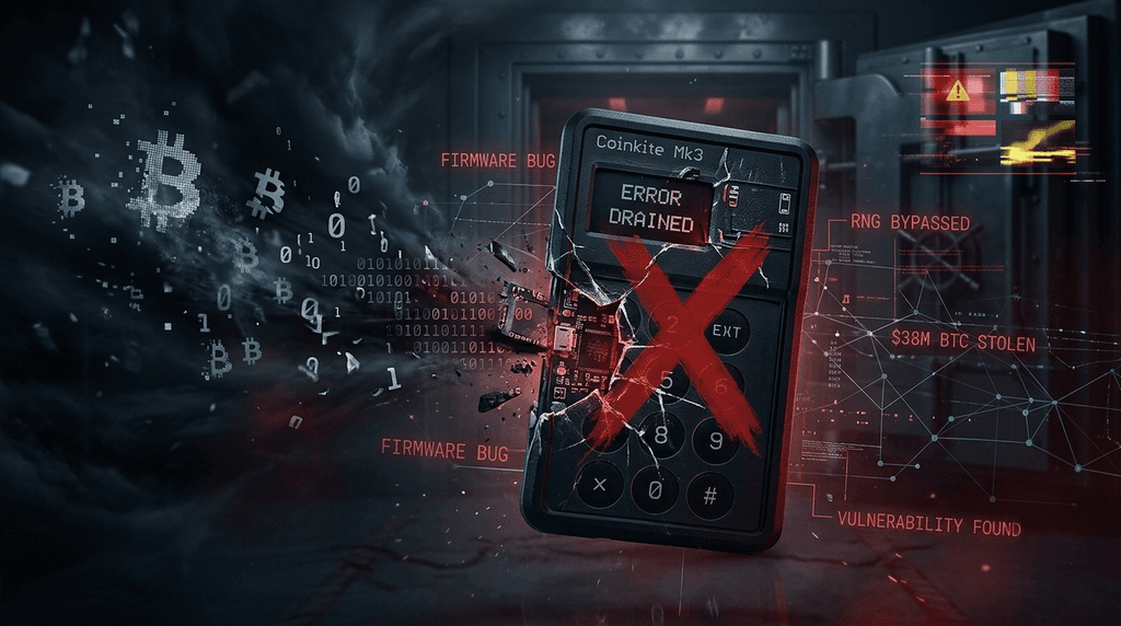 An ominously lit 16:9 conceptual photograph showing a Coinkite Mk3 hardware wallet, heavily distressed and fractured. A large, stylized red 'X' is painted across its cracked body. A swirling stream of binary code, abstract crypto symbols (like broken ₿), and pixelated Bitcoin particles is actively being drained from the fractured wallet into a dark, swirling void on the left. Faint, alarmed text overlays, including "FIRMWARE BUG," "RNG BYPASSED," "$38M BTC STOLEN," and "VULNERABILITY FOUND," appear on a conceptual digital network grid surrounding the device. The damaged wallet screen shows barely legible text, possibly "ERROR" and "DRAINED." The entire scene is dark, using deep reds, blues, and grays to create a moody, high-stress atmosphere, set within what appears to be a broken vault interior with multiple blinking alarm screens.