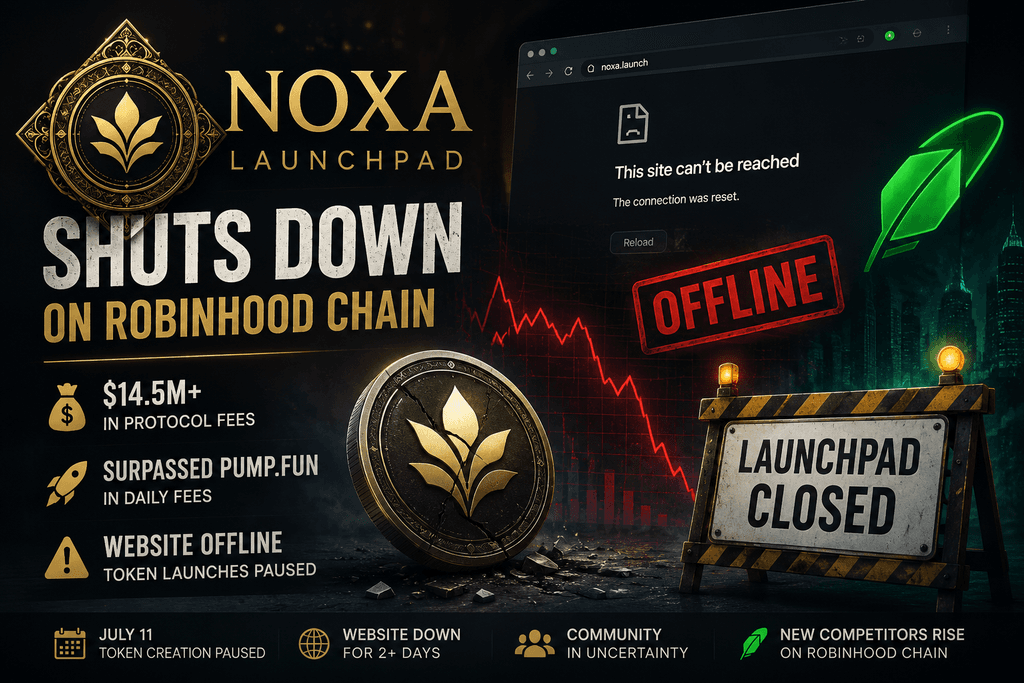 NOXA Launchpad shuts down on Robinhood Chain after generating $14.5 million in protocol fees, with an offline website, falling crypto chart, and launchpad closure illustration.