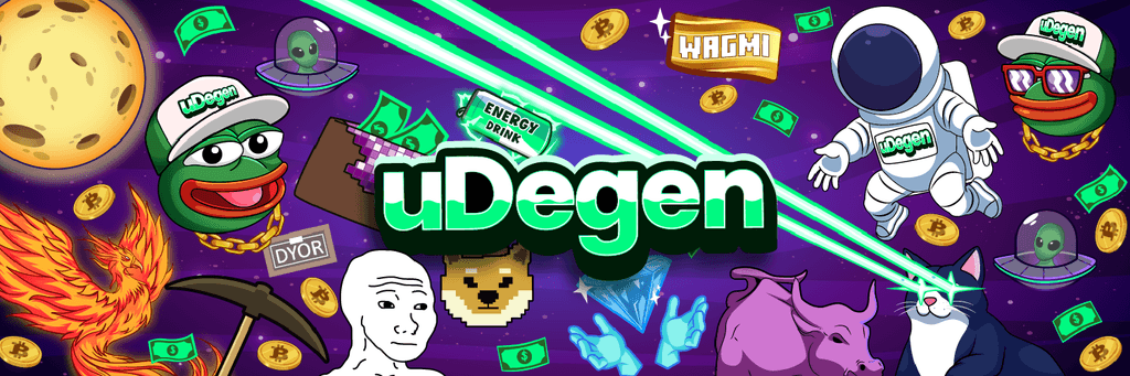 Futuristic conceptual banner featuring the uDegen logo, abstract blockchain networks, and data visualization overlays representing AI-powered crypto analysis and multi-chain tracking.