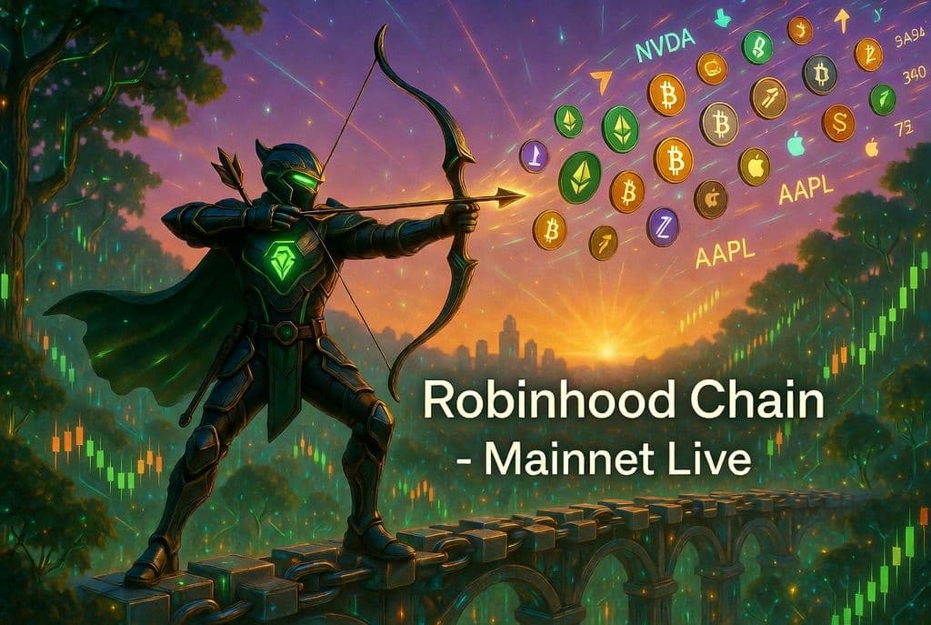 Robinhood Chain launch illustration featuring Robinhood's Ethereum Layer 2 blockchain, highlighting tokenized stocks, DeFi integration, and 24/7 blockchain-powered trading.