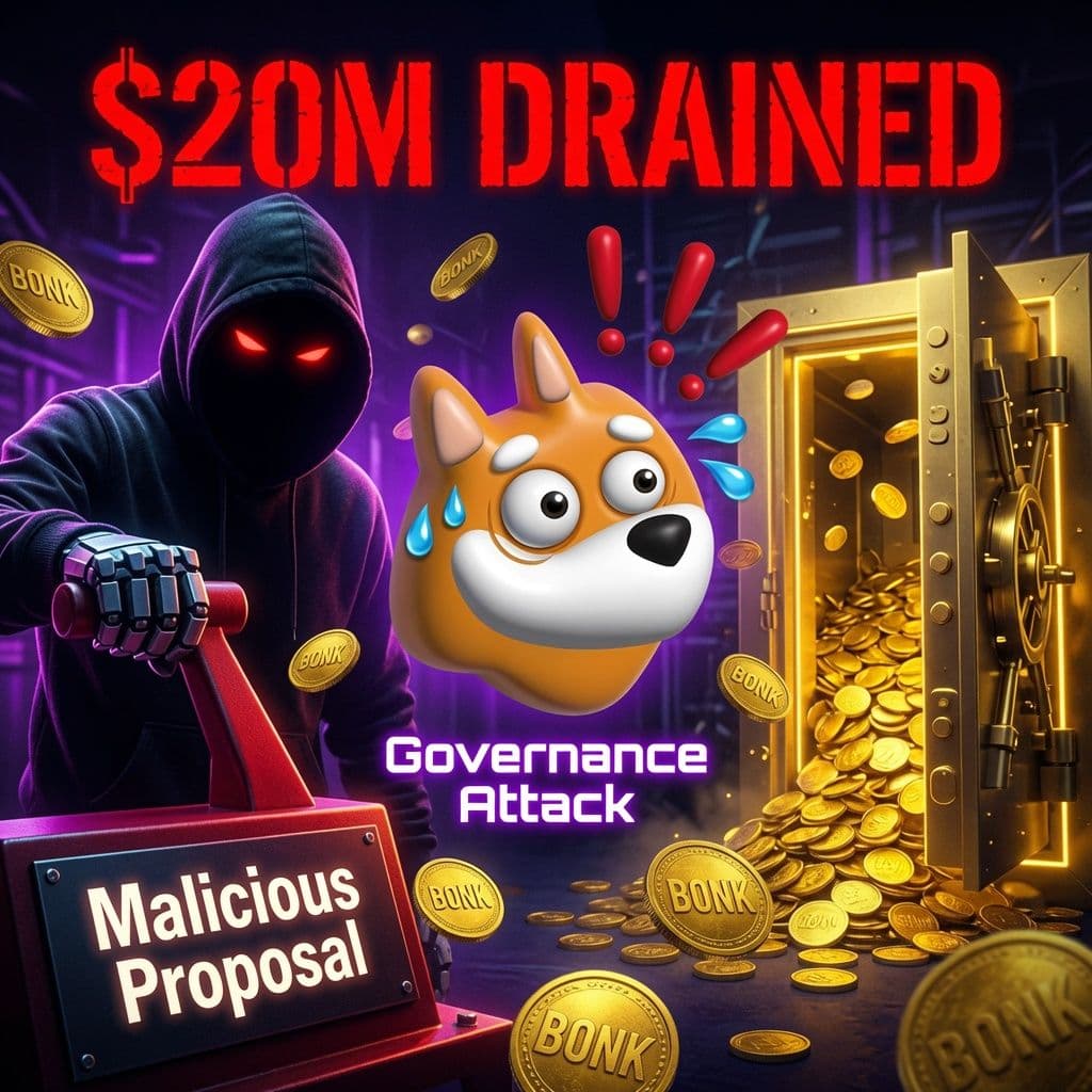 BonkDAO governance exploit illustration showing a cyberattack that drained $20 million from the DAO treasury through a malicious governance proposal on Solana.