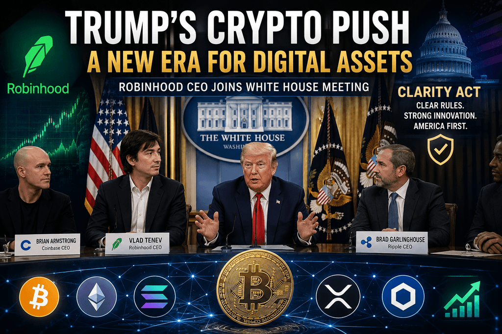 President Trump brings leading crypto executives, including Robinhood CEO Vlad Tenev, to the White House as his administration pushes for clearer crypto regulation and the passage of the CLARITY Act.