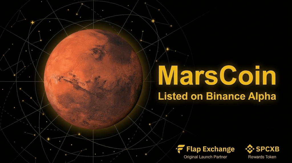 An infographic for MarsCoin, featuring a large, textured image of the planet Mars centered on a black background with gold geometric constellations. To the right, bold yellow text reads "MarsCoin," followed by "Listed on Binance Alpha" and "Hold MARS, get SPCXB." The bottom-right corner displays small logos for "Flap Exchange" (with a bird symbol and "ORIGINAL LAUNCH PARTNER") and "SPCXB" (with a diamond symbol and "REWARDS TOKEN").