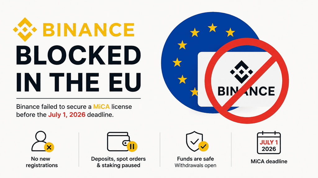 Minimal illustration showing Binance blocked in the European Union after failing to obtain a MiCA license before the July 1, 2026 deadline.
