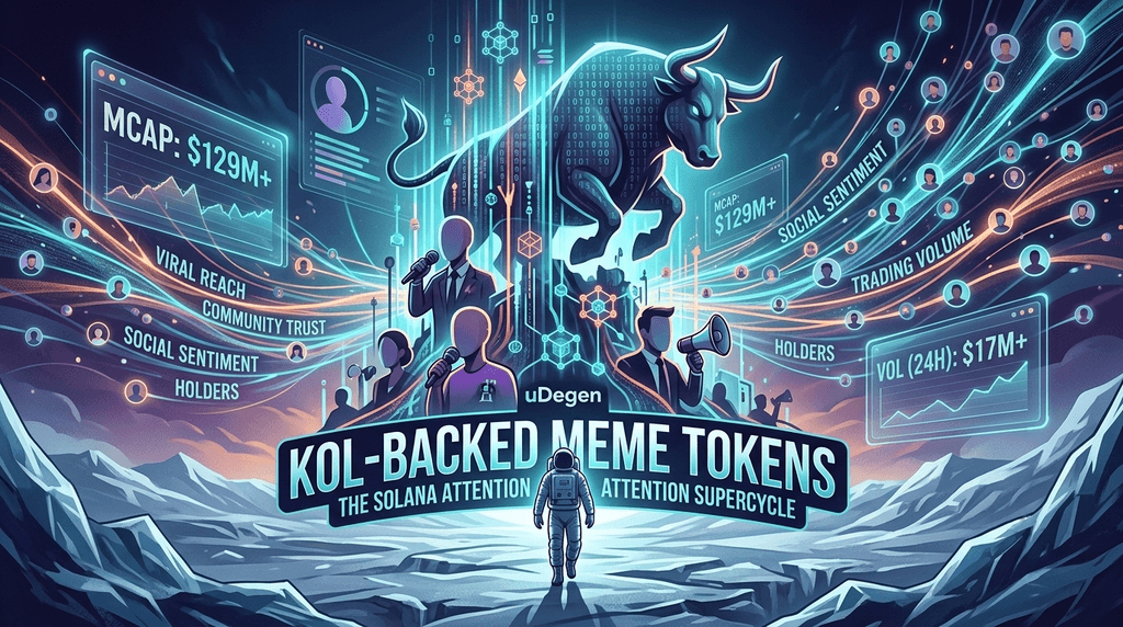 A futuristic, 16:9 dark-themed digital art graphic designed as a blog post cover. At the center is a bold, stylized neon sign that reads "KOL-BACKED MEME TOKENS: THE SOLANA ATTENTION SUPERCYCLE" with the uDegen logo placed cleanly above it. In the background, a massive, glowing holographic charging bull stands majestically, emitting vibrant blue and teal neon light over a network of interconnected nodes and data streams. Faceless silhouette figures representing content creators hold microphones and megaphones, with glowing lines connecting them to floating data dashboards that display metrics like "MCAP: $129M+", "VOL (24H): $17M+", "Trading Volume," and "Social Sentiment." In the foreground, a lone astronaut walks away toward the horizon across a rocky, icy mountain terrain.